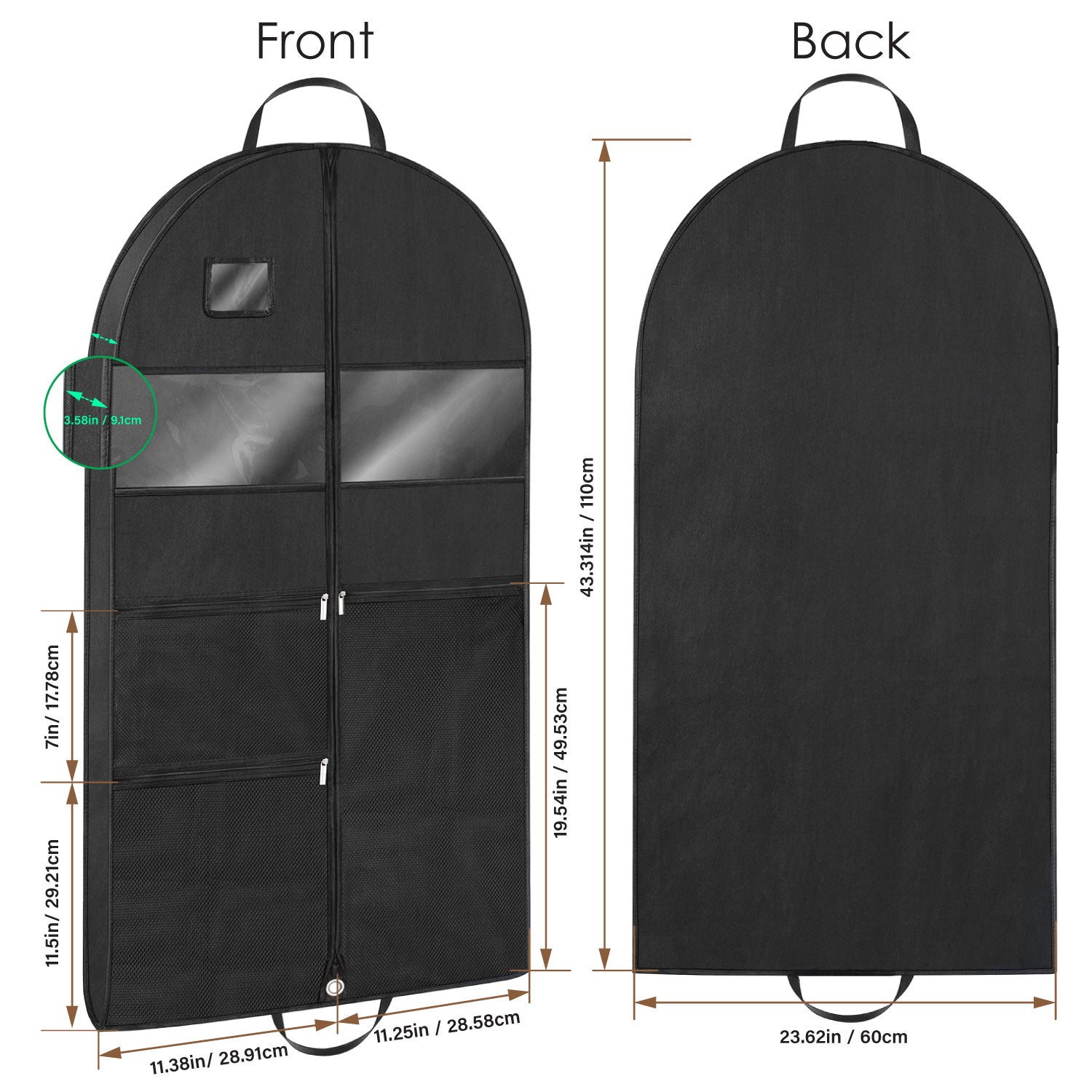 Mber 43" Garment Bags with 3 Zipper Pockets, Black