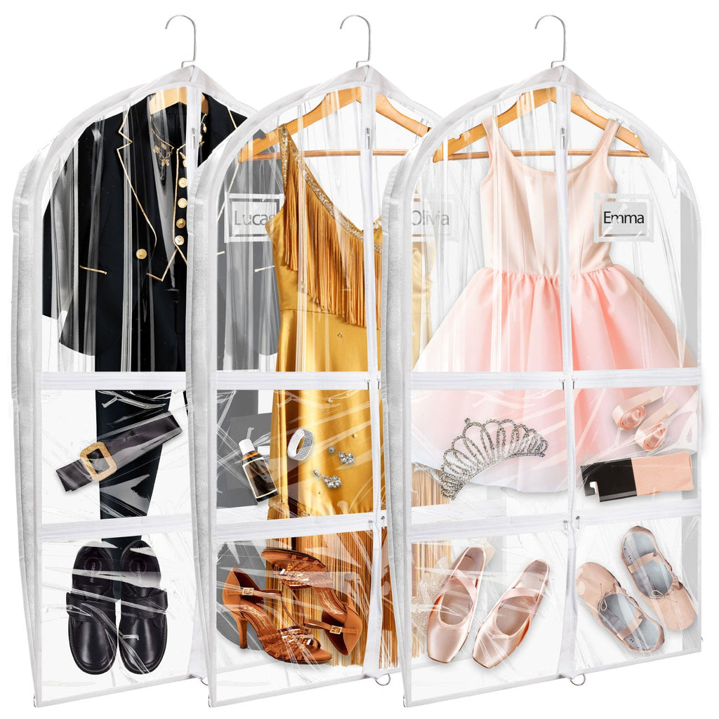 Mber 3-Pack 39" Dance Garment Bags with 4 Medium Clear Zipper Pockets, Clear