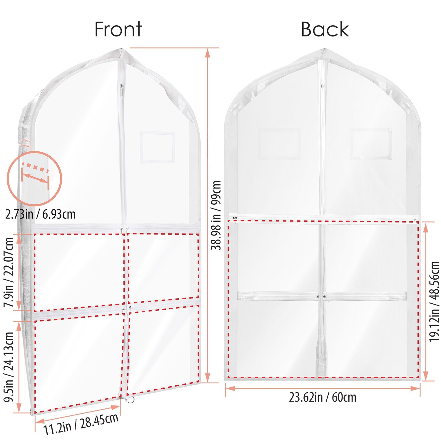 Mber 3-Pack 39" Dance Garment Bags with 4 Medium Clear Zipper Pockets, Clear