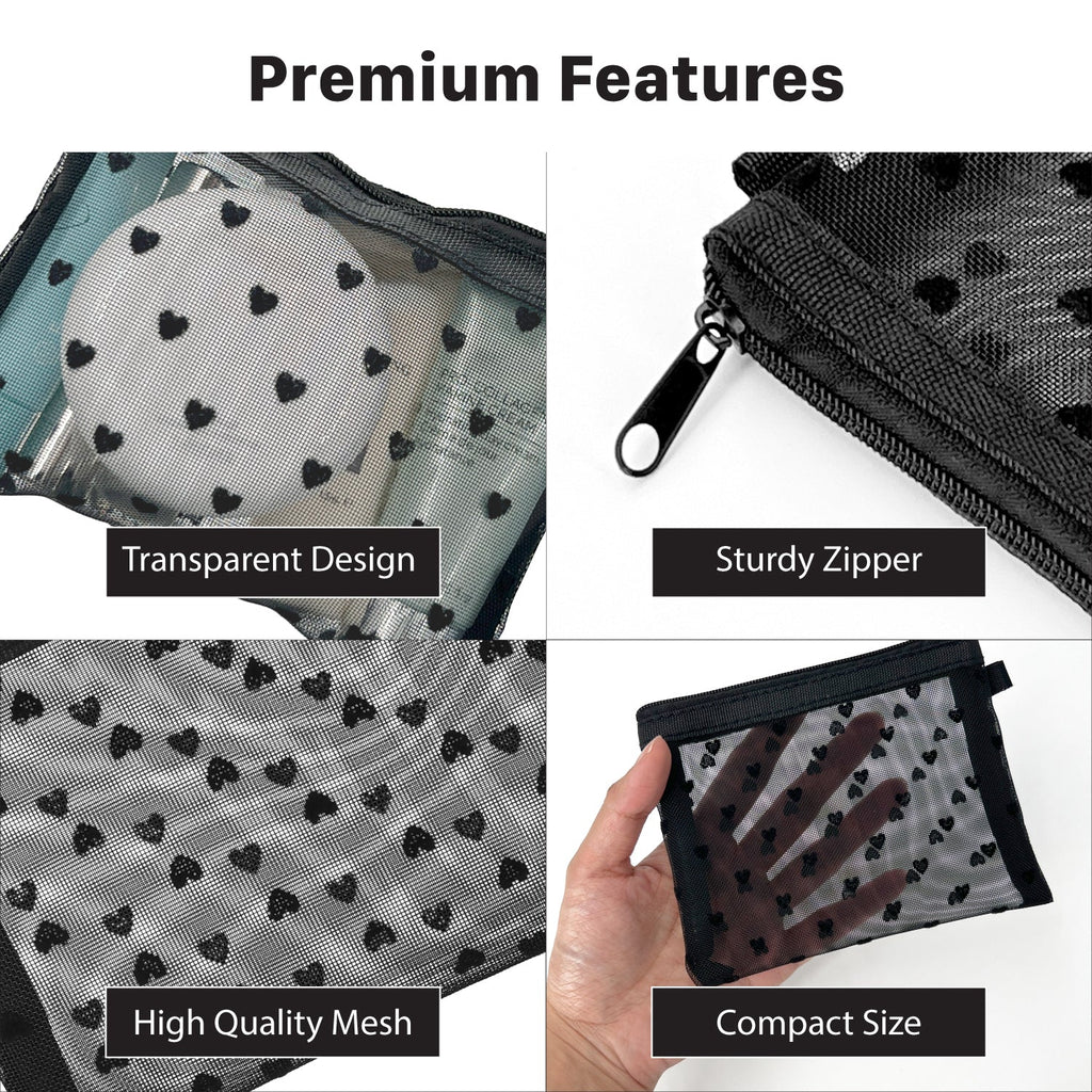 Mber Small Mesh Cosmetic Makeup Pouch with Zipper, Black
