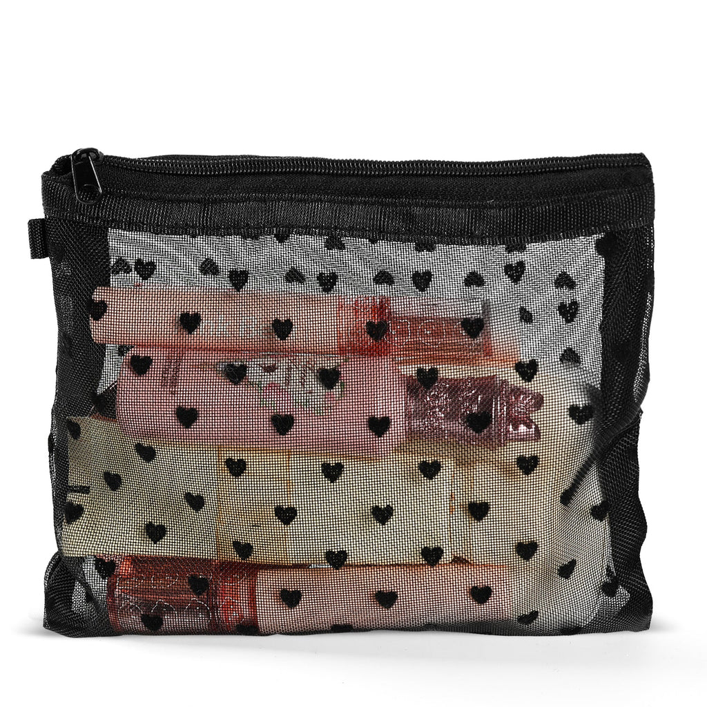Mber Medium Mesh Cosmetic Makeup Pouch with Zipper, Black