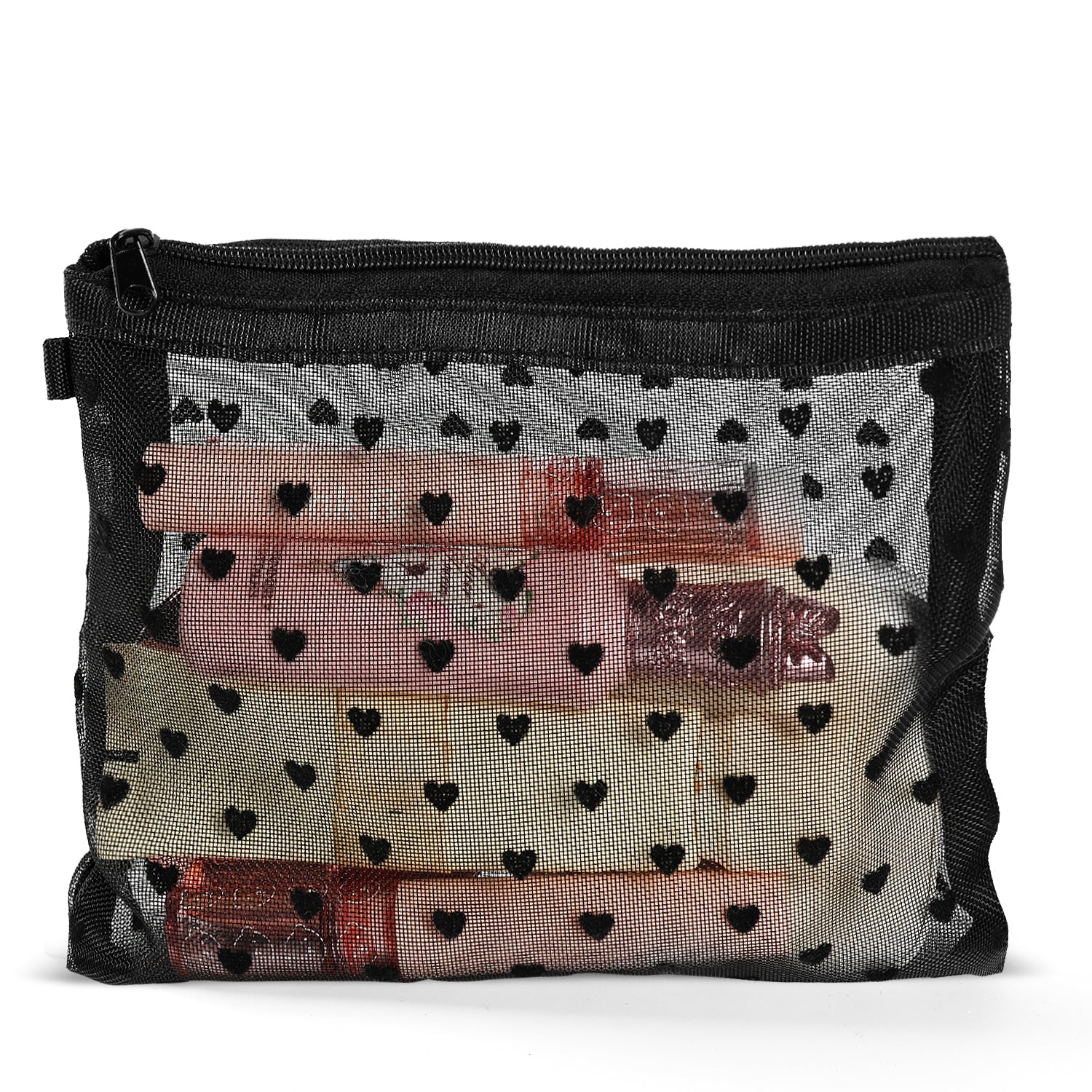 Mber Medium Mesh Cosmetic Makeup Pouch with Zipper, Black