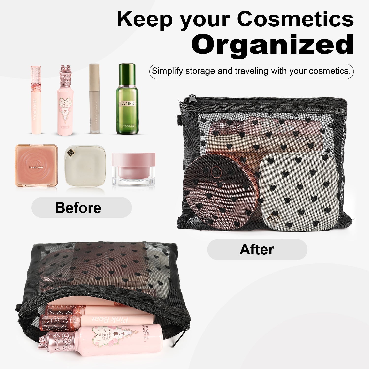Mber Medium Mesh Cosmetic Makeup Pouch with Zipper, Black