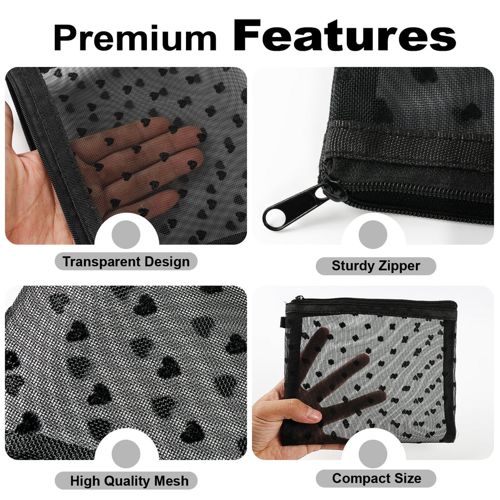 Mber Medium Mesh Cosmetic Makeup Pouch with Zipper, Black