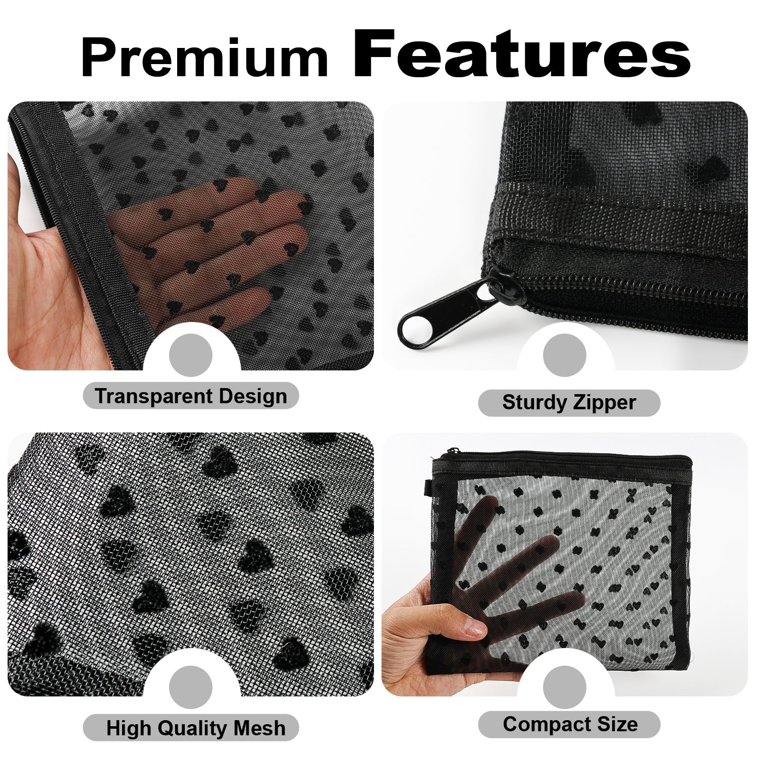 Mber Medium Mesh Cosmetic Makeup Pouch with Zipper, Black