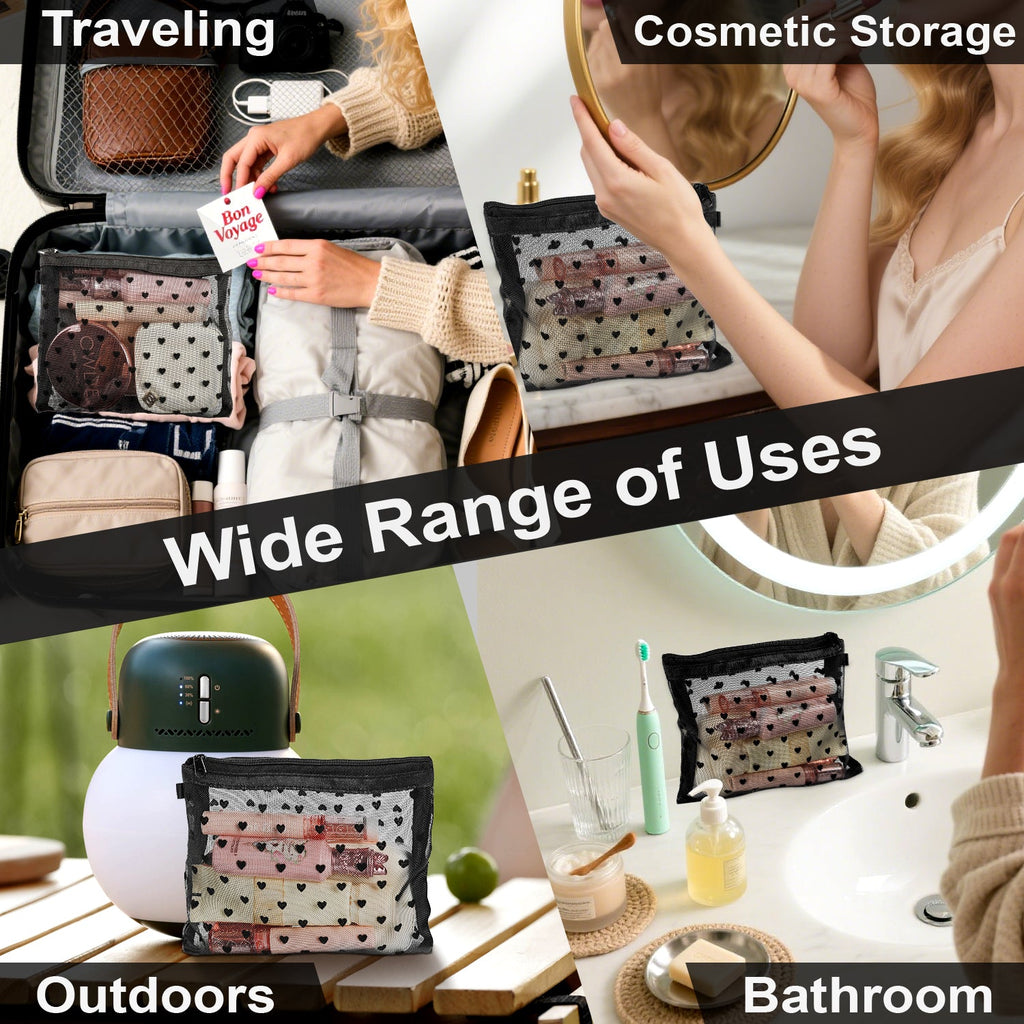 Mber Medium Mesh Cosmetic Makeup Pouch with Zipper, Black