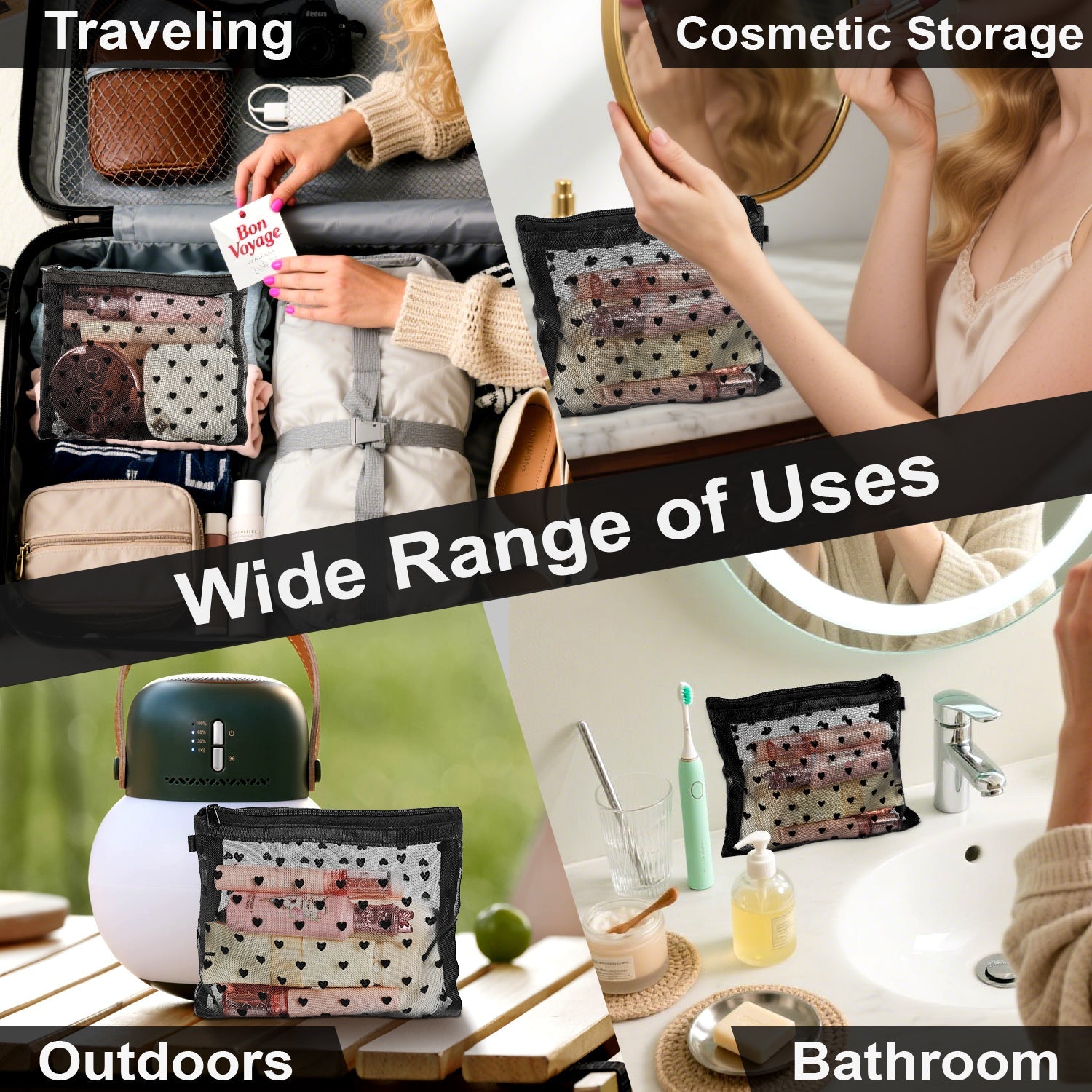 Mber Medium Mesh Cosmetic Makeup Pouch with Zipper, Black