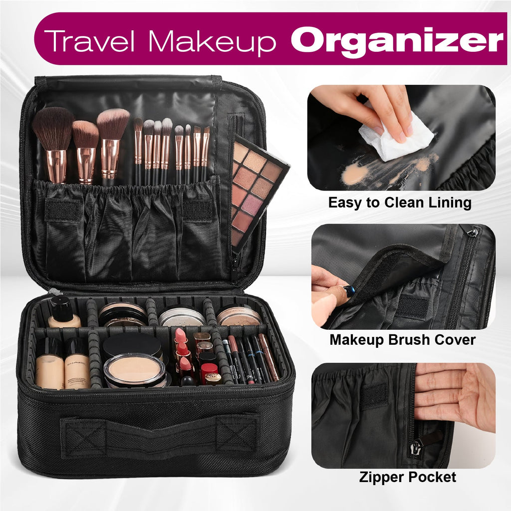 Mber Cosmetic Makeup Train Case with Adjustable Dividers, Black