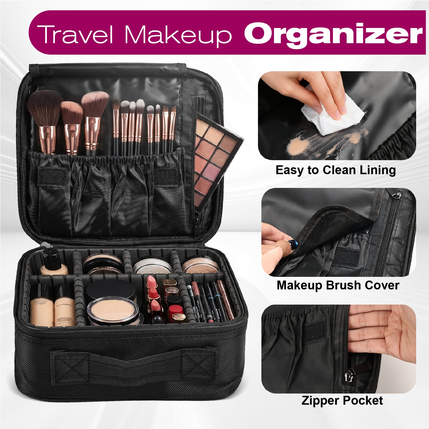 Mber Cosmetic Makeup Train Case with Adjustable Dividers, Black
