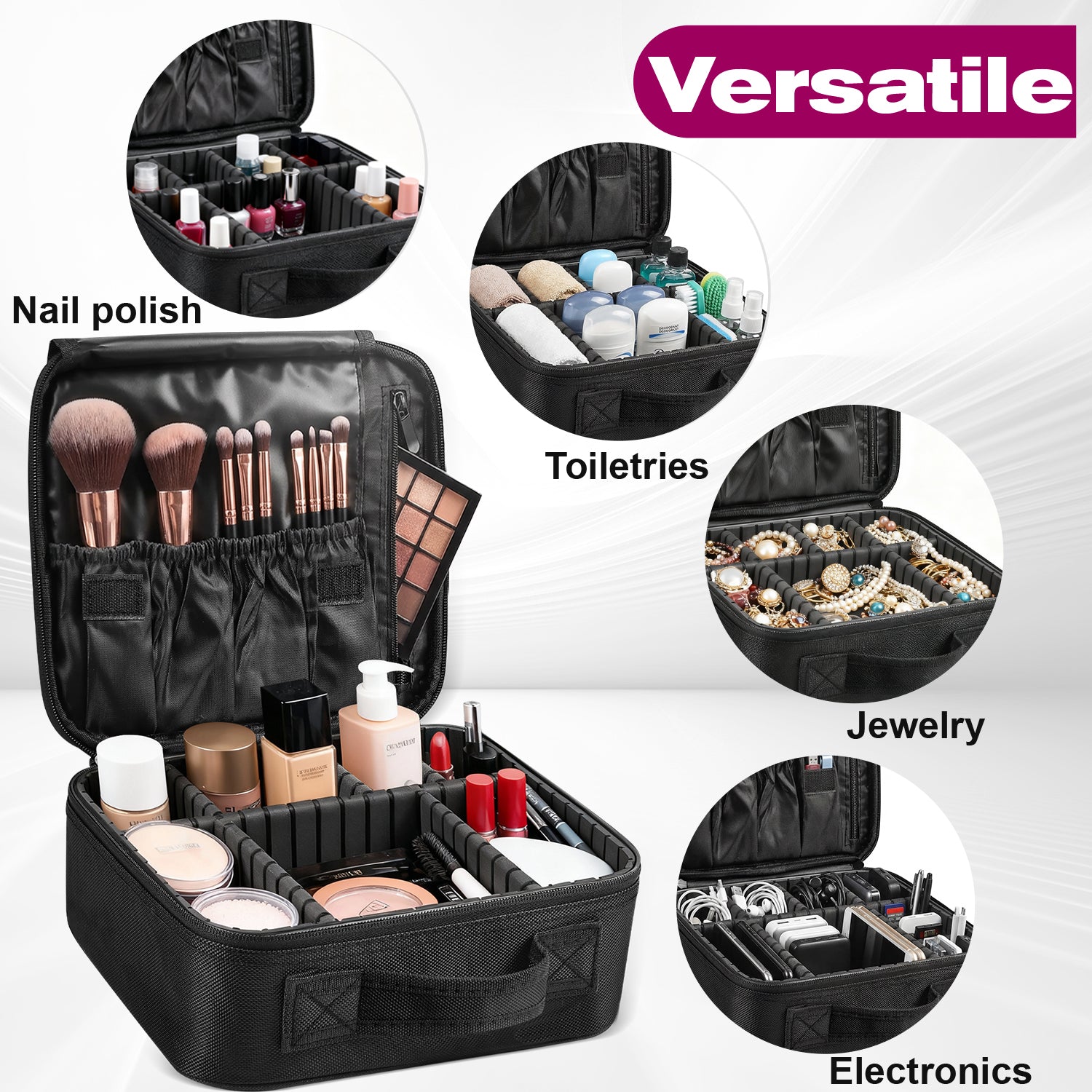 Mber Cosmetic Makeup Train Case with Adjustable Dividers, Black