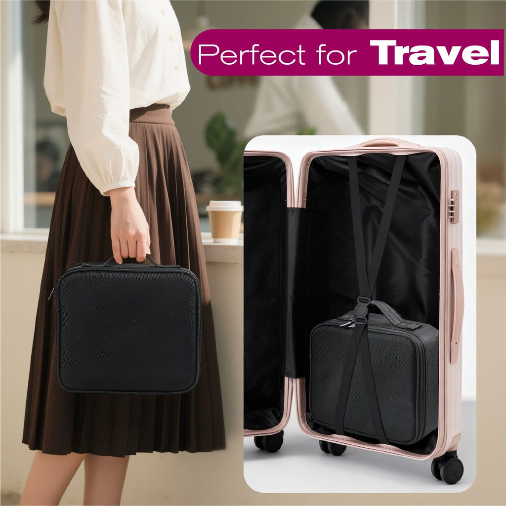 Mber Cosmetic Makeup Train Case with Adjustable Dividers, Black