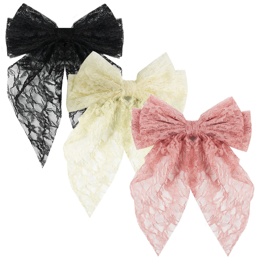 Mber 3-Pack Lace Hair Bow Barrettes, Pink, White & Black