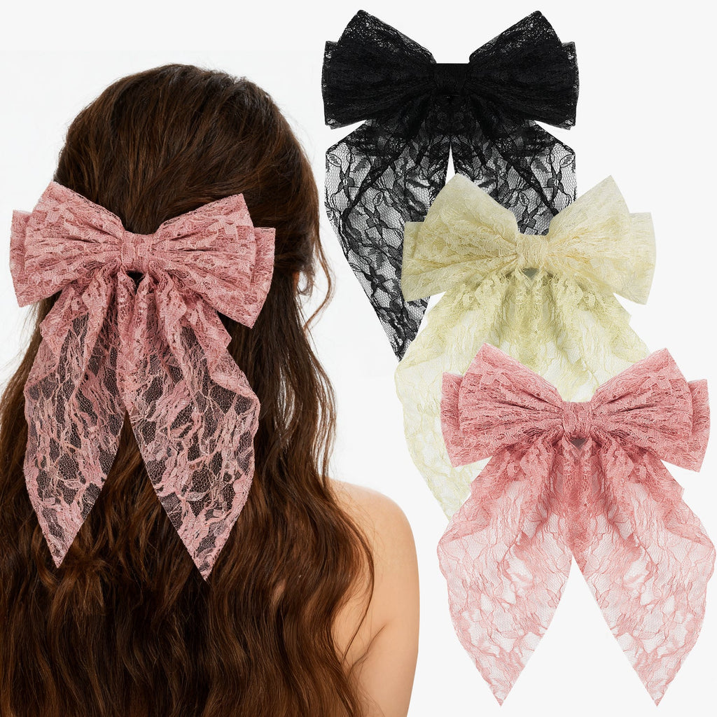 Mber 3-Pack Lace Hair Bow Barrettes, Pink, White & Black