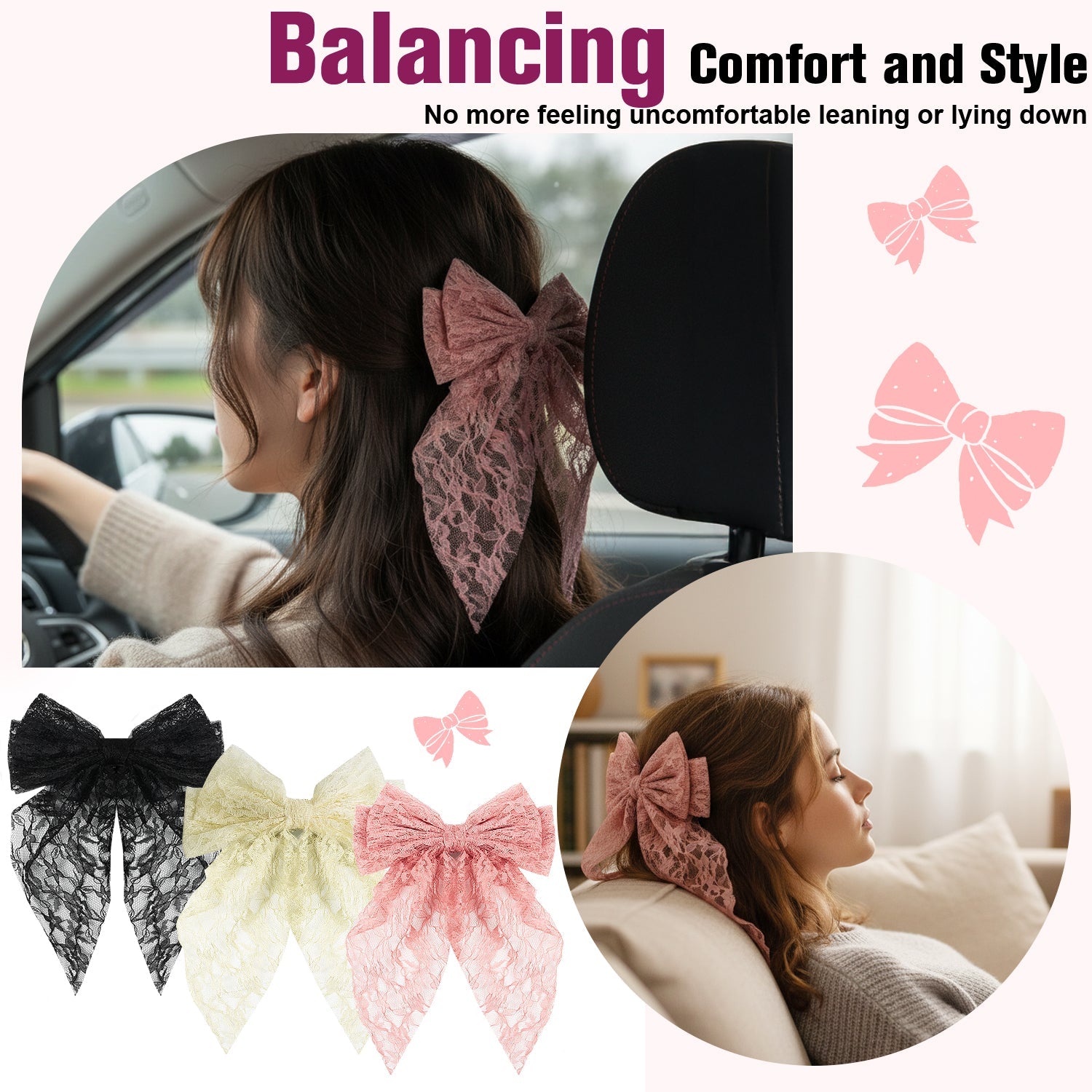 Mber 3-Pack Lace Hair Bow Barrettes, Pink, White & Black