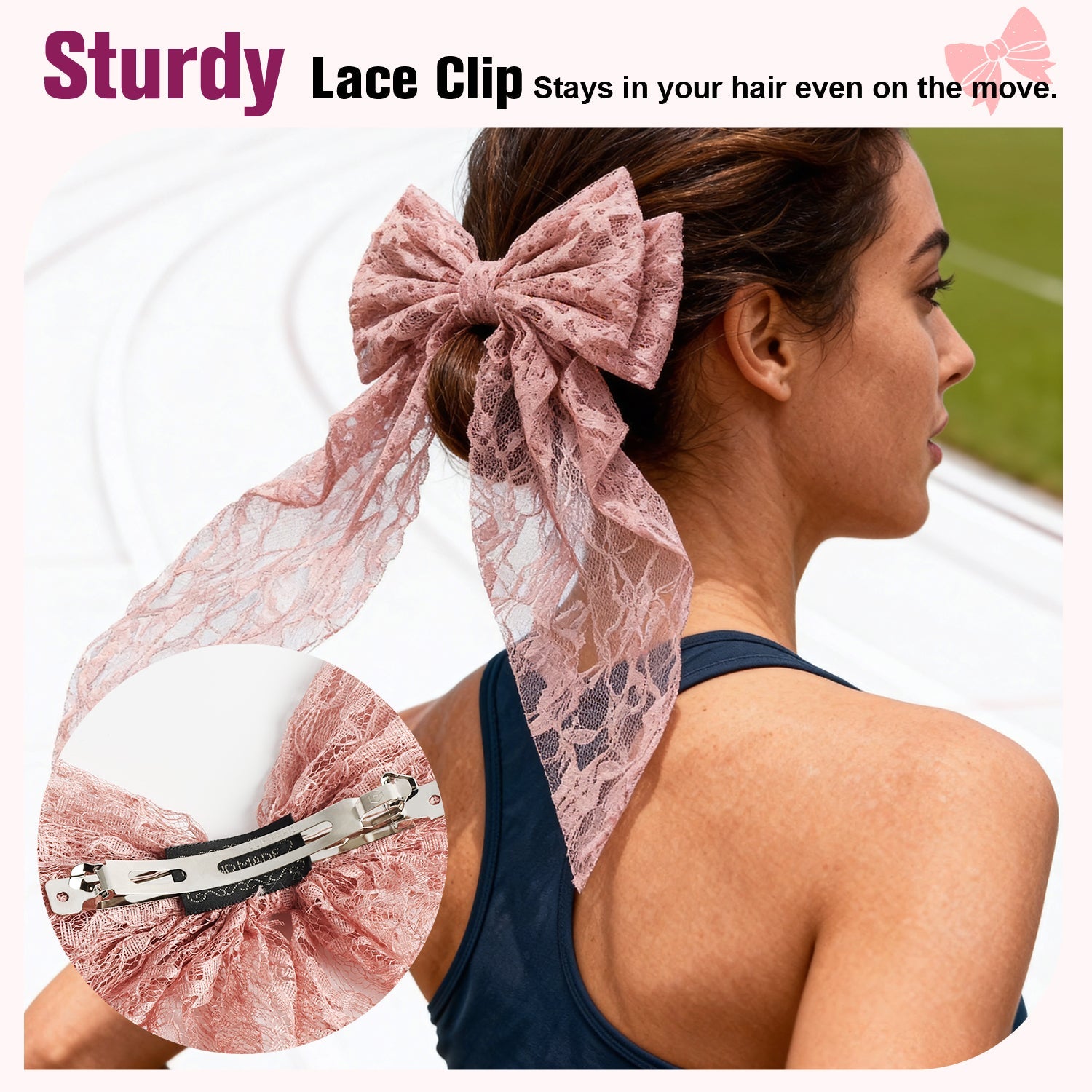 Mber 3-Pack Lace Hair Bow Barrettes, Pink, White & Black