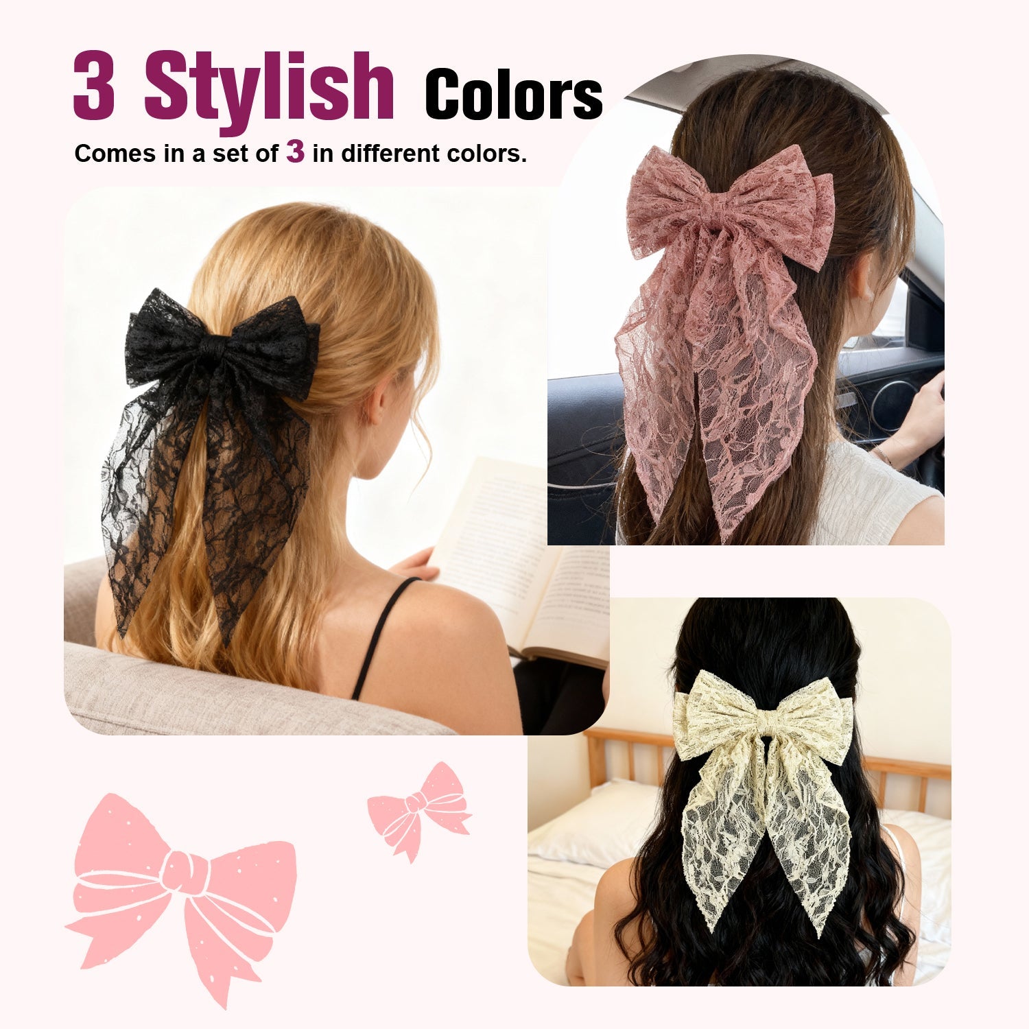 Mber 3-Pack Lace Hair Bow Barrettes, Pink, White & Black