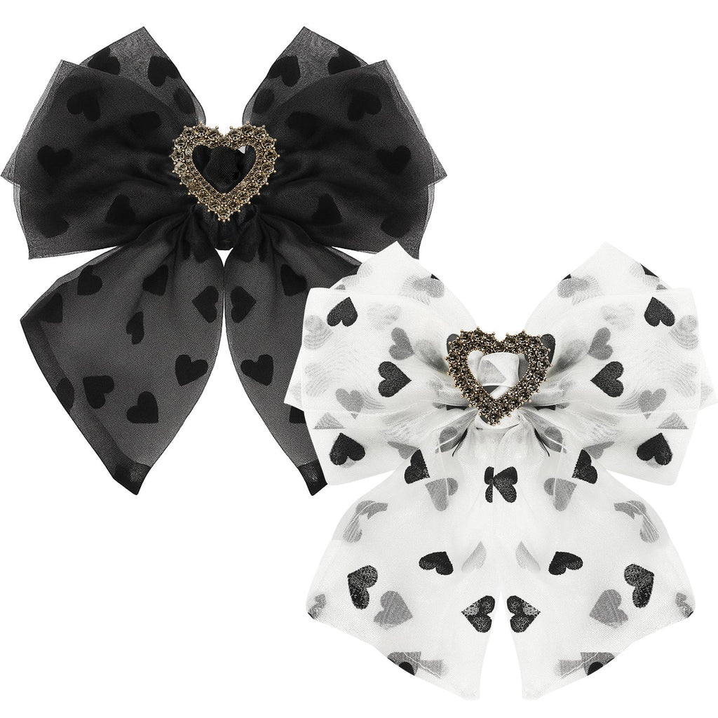 Mber 2-Pack Hair Bow Barrettes with Heart Rhinestones, White & Black