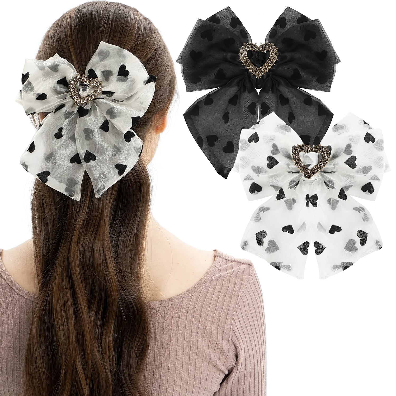 Mber 2-Pack Hair Bow Barrettes with Heart Rhinestones, White & Black