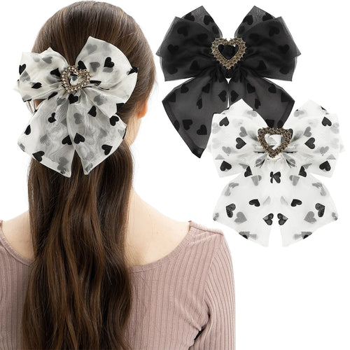 Mber 2-Pack Hair Bow Barrettes with Heart Rhinestones, White & Black