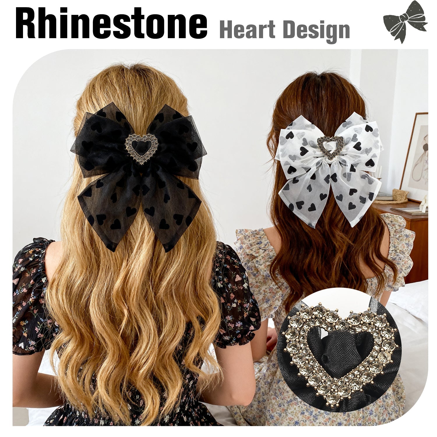 Mber 2-Pack Hair Bow Barrettes with Heart Rhinestones, White & Black