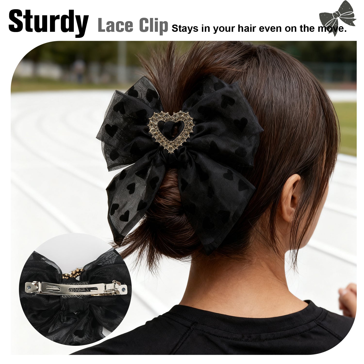 Mber 2-Pack Hair Bow Barrettes with Heart Rhinestones, White & Black