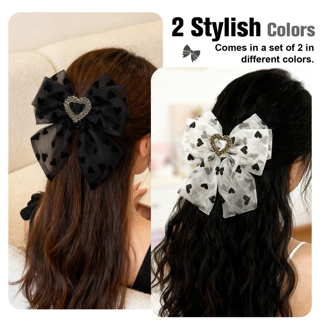 Mber 2-Pack Hair Bow Barrettes with Heart Rhinestones, White & Black