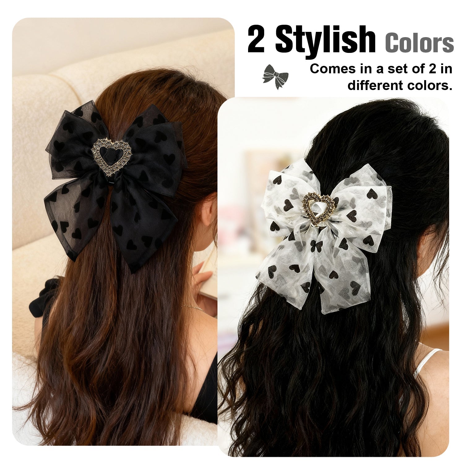 Mber 2-Pack Hair Bow Barrettes with Heart Rhinestones, White & Black