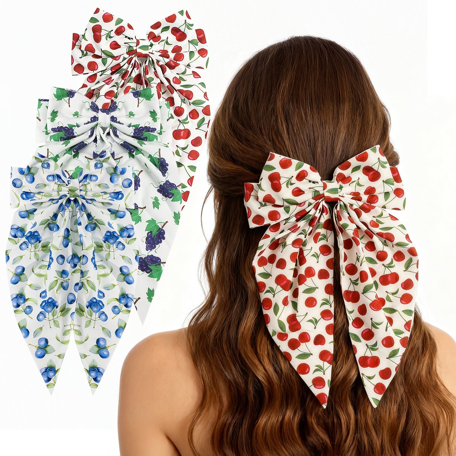 Mber 3 Pack Fruit Print Hair Bow Barrettes, Cherry & Blueberry & Grape