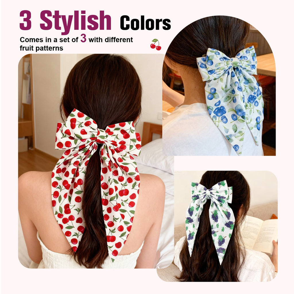 Mber 3 Pack Fruit Print Hair Bow Barrettes, Cherry & Blueberry & Grape