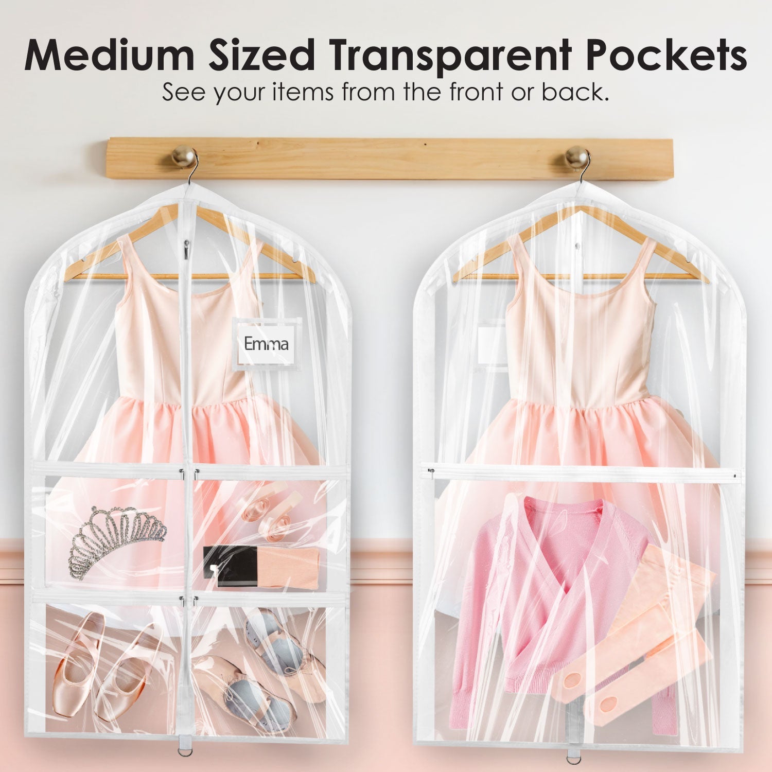 Mber 39" Dance Garment Bags with 4 Medium Clear Zipper Pockets, Clear