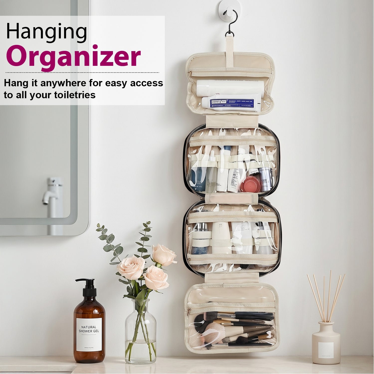 Mber Hanging Travel Toiletry Bag, Pink
